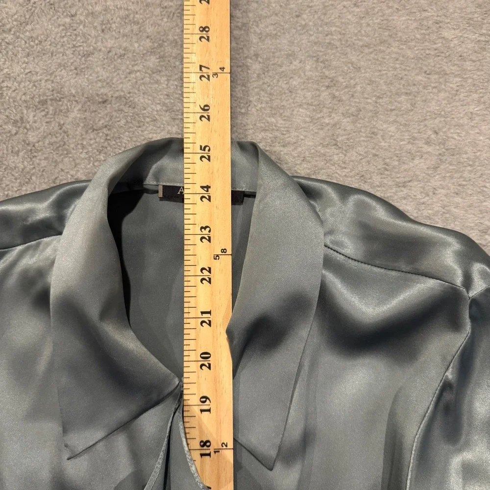 Anne Klein AK Silk Ruffle Front Blouse Dusty Blue‎ Grey Satin Top Size (4)